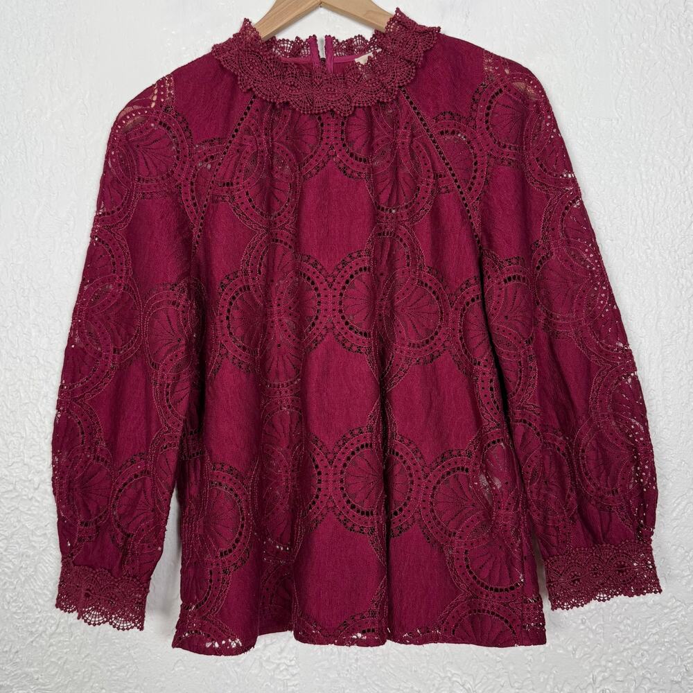 Sézane Bianca High Collar Lace Blouse Deep Raspberry Size EU 40 US 8 - Picture 2 of 8